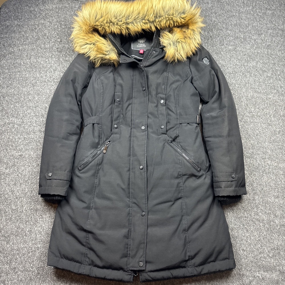 Vince Camuto Womens Black Insulated Parka Faux Fur Hood Petite Small P/S